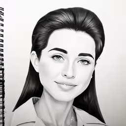 a black and white drawing of a woman with bangs