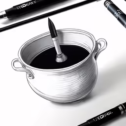 three pencils on top of a sheet of paper next to a drawing pot and pens