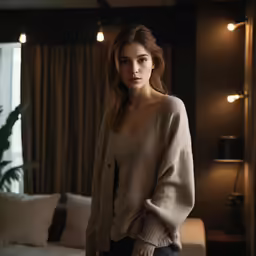 woman standing next to couch with lights on