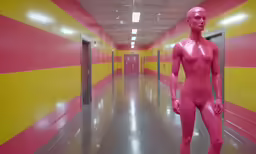 a pink female figure is standing alone in a hallway
