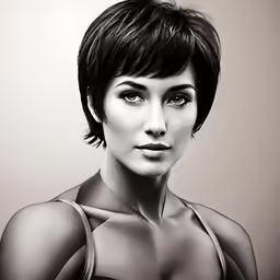 black and white photo of a womens head
