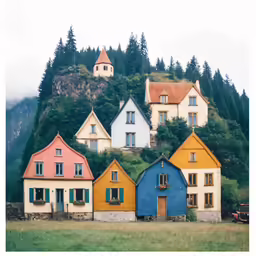 some multi - colored houses are in the green grass