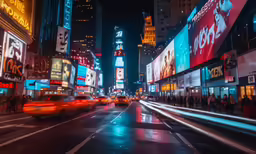 the city is busy and well lit at night