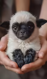 there is a small dog with one hand and another hand around it