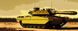 a yellow and black tank in the middle of the desert,an army tank traveling through the desert under cloudy skies