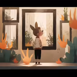 the boy is looking out of a window at plants