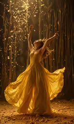 woman in a yellow dress dancing in the woods