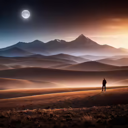 a lone person in a mountain field with the moon shining