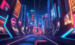 a futuristic city, with neon neon lights, is shown