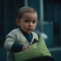 the little boy is carrying the green bag