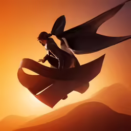 woman with long cape flying through the air over mountains
