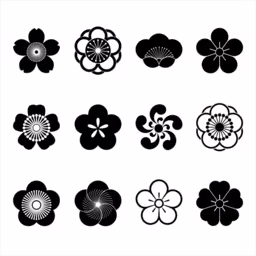 six flower logos with japanese symbols on them,a variety of black and white flower designs