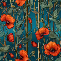 an illustration of flowers and vines against a blue backdrop