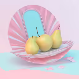 three pears on a plate in front of a mirror
