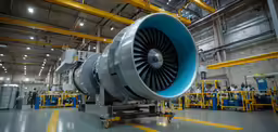 an airplane engine with workers in the background