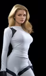 a beautiful blond woman dressed in white, posing for a photo