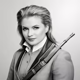black and white image of a woman holding a rifle