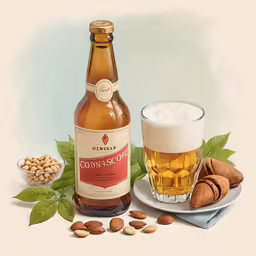 there is a bottle of beer and some nuts on the table