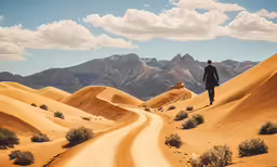 a person walking in an empty desert with hills in the background