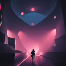 person walking down a dark corridor next to a large tv