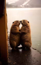 two furry little bears rubbing noses on the back of a boat