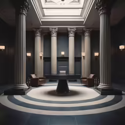 a circular room with two seats in it