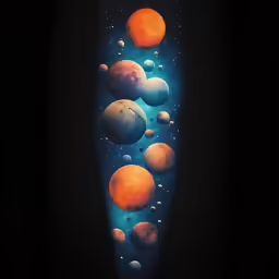 an artistic piece made of orange and white planets