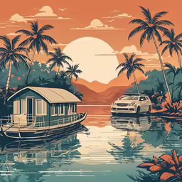 there is a drawing of a boat with a house on it
