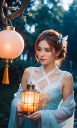 woman holding lantern with light and standing under a tree