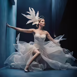 a beautiful woman posing for the camera wearing a dress with feathers on it