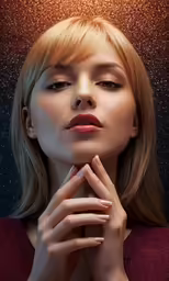 a woman posing with her hands on her chest