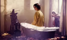 a girl stands in front of a tub in the bathroom