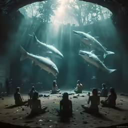 a group of people are sitting in a circle watching some dolphins