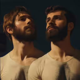 two men are standing next to each other with their face close