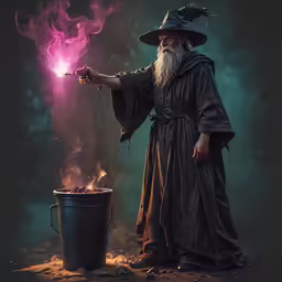 wizard with caulder lighting out fire from bucket