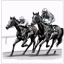an artistic drawing of three horses racing each other,two horses running on grass near each other