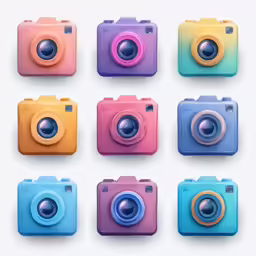 six colorful camera sitting next to each other