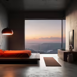 a dimly lit bedroom with a bed that is against the wall, and a large window to outside