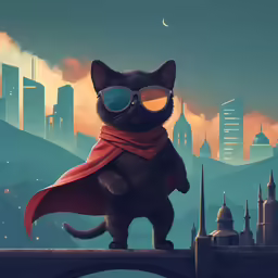 a cat with sunglasses and a cape on, stands on a wall overlooking a city