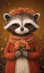 raccoon in a red coat with a scarf around its neck