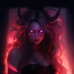 a woman wearing red glowing hair and purple eyes,the face of an evil woman with red eyes