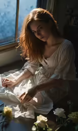 the young woman sits by the window with her feet off