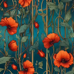 red flowers and leaves on blue background