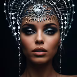 a woman with a weird headpiece has diamond hair