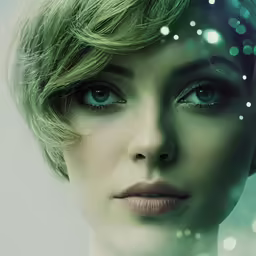 the face and head of a woman with glowing, green eyes