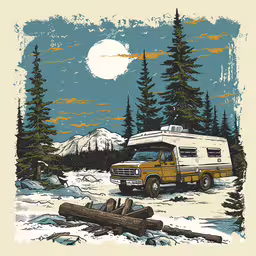 an rv parked next to some trees and logs,a poster of a camper on a snowy landscape with trees in the distance