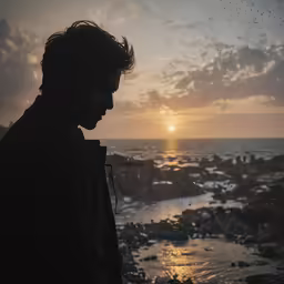 the silhouette of a man looking out at a ocean