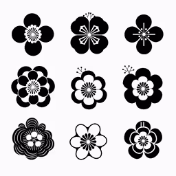 six black and white flowers with two yellow centers,a set of flower designs for the design