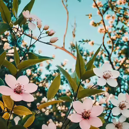 some pretty flowers near the branches of some trees