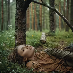 a woman laying down in a forest next to a tree